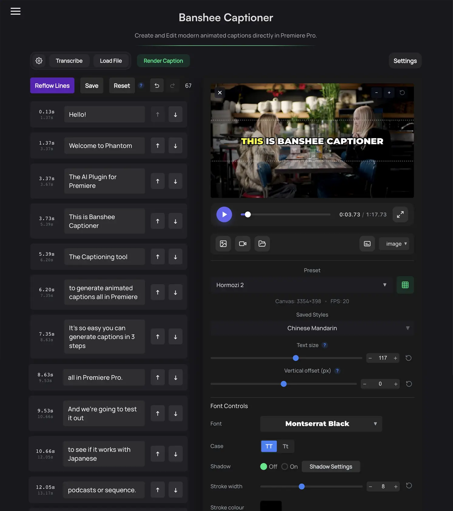 Banshee Captioner transcription editor interface in Adobe Premiere Pro